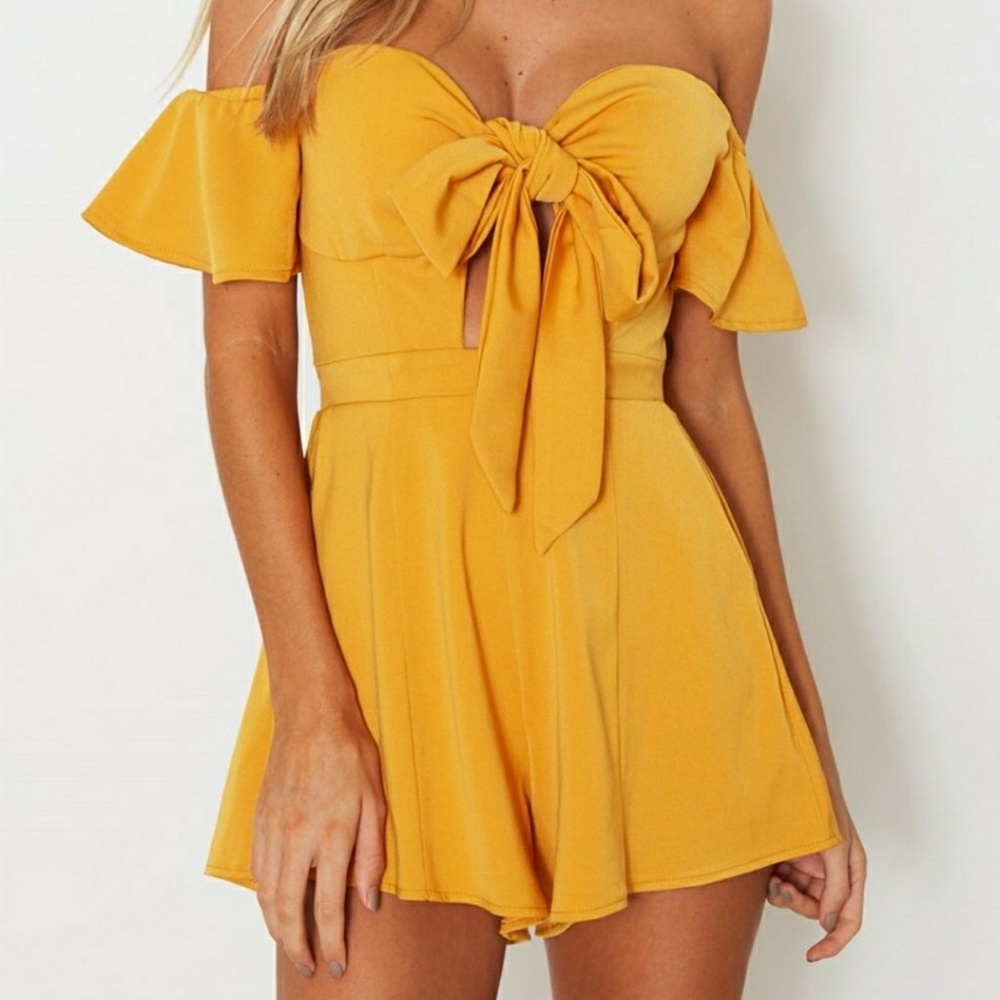 Off Shoulder Front Tie Romper Mustard - Picture 3 of 5